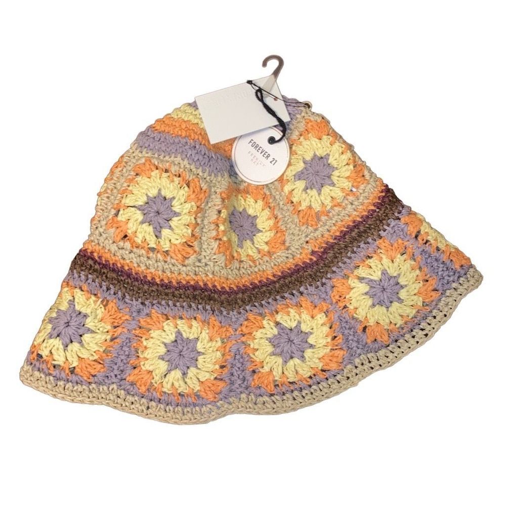 NWT Forever 21 Premium Bohemian Woven Straw Multicolor Granny Square Bucket Hat